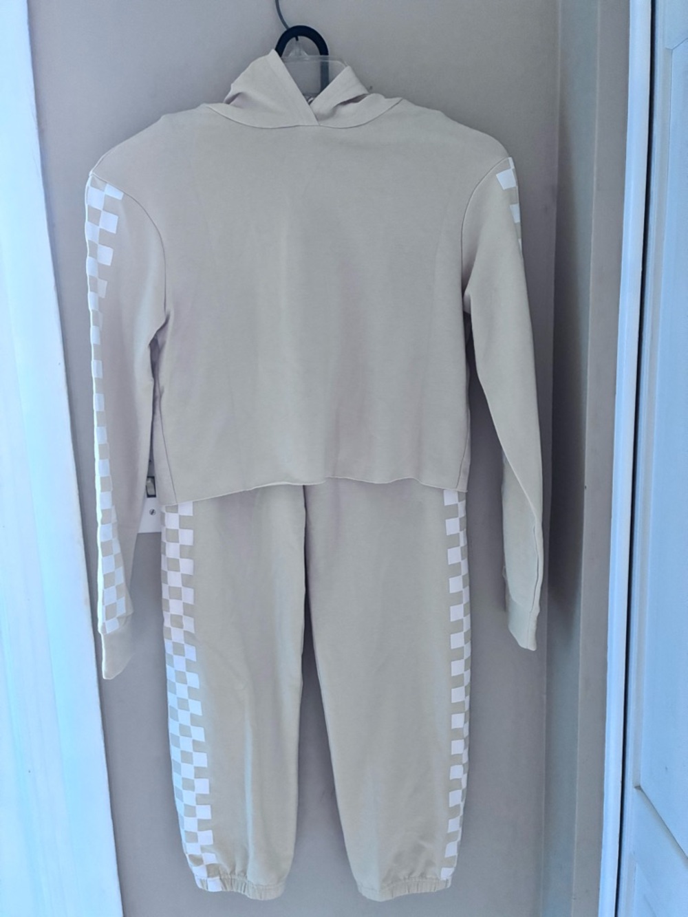 Girls Neutral Beige Checkered Side Stripe Hoodie & Jogger Set  10-12